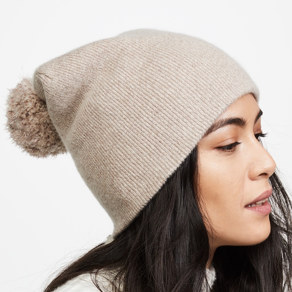Cashmere Shine Pom Pom Cuffed Beanie